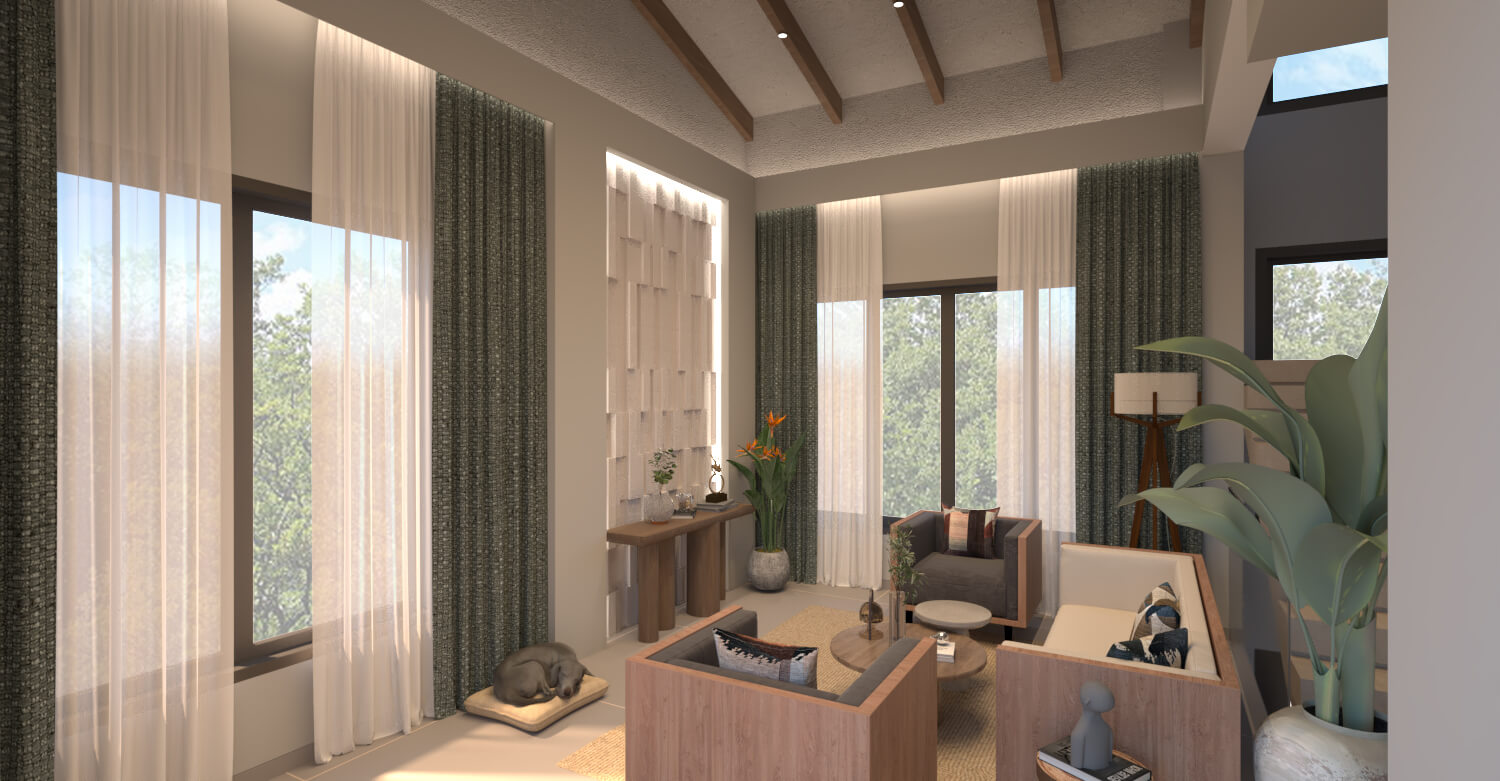 Double height living room - private villa interior design, Goa