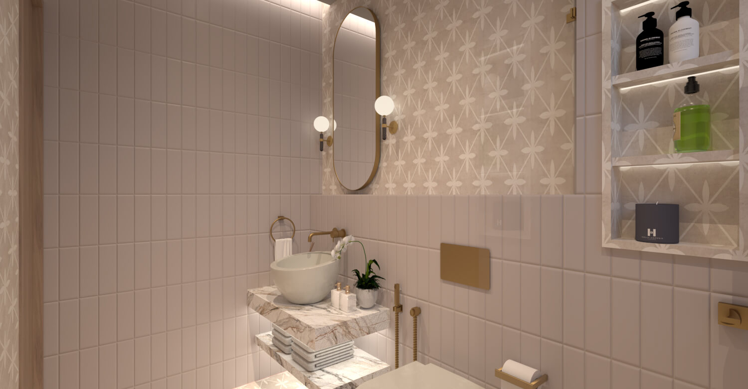 Pastel bathroom interior design, private villa, Goa