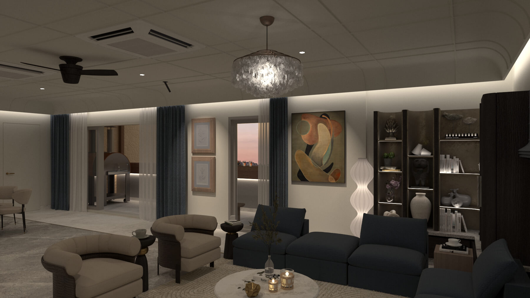 Living room evening interior design, Kolkata residence