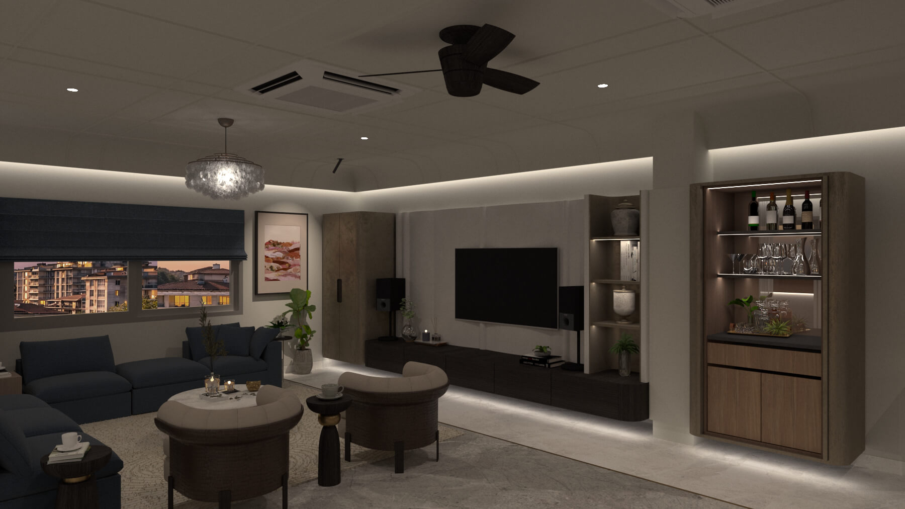 Living room interior design at dusk, Dover Park, Kolkata